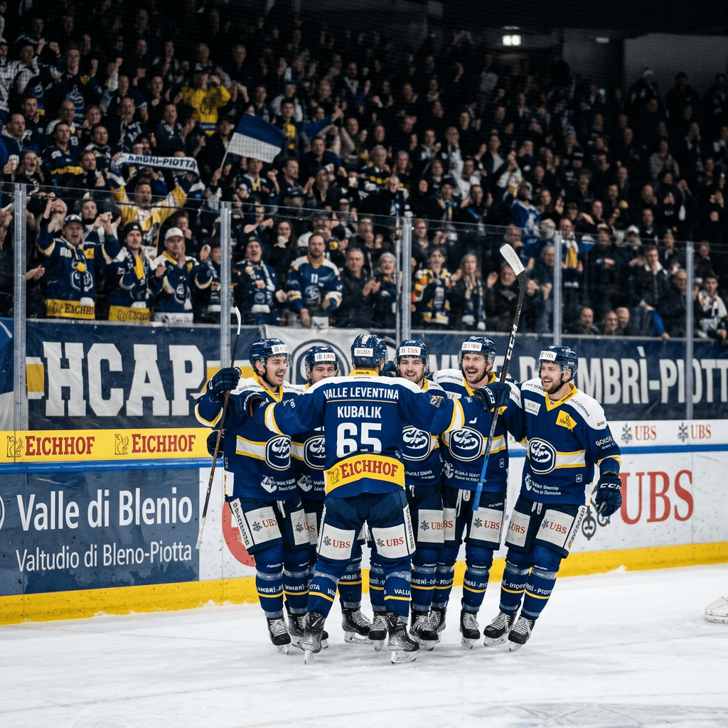 Six HC Ambrì-Piotta ice hockey players in blue uniforms celebrating on ice with cheering crowd behind