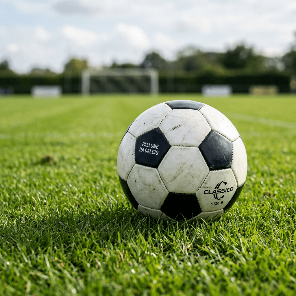 Black and white soccer ball labeled 'Pallone Da Calcio' and 'Classico' on grass with goalpost in background