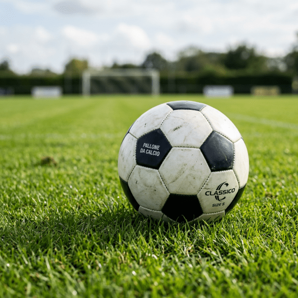 Black and white soccer ball labeled 'Pallone Da Calcio' and 'Classico' on grass with goalpost in background